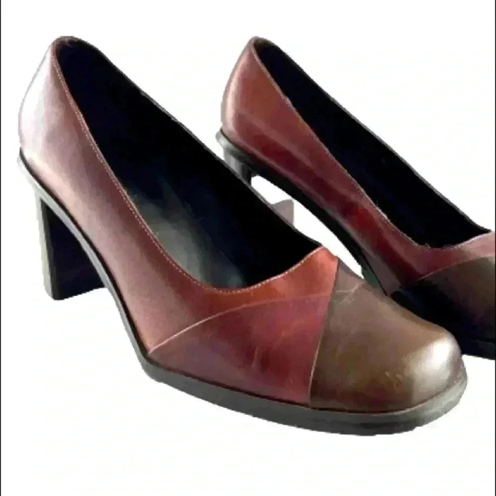 LUCA FERRI VINTAGE LEATHER BLOCK HEEL SQUARE TOE BROWN BURGUNDY SHOES SIZE 9M